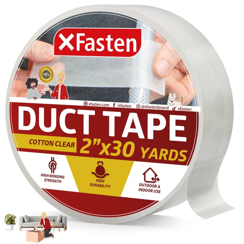 XFasten Clear Duct Tape, 2-Inches x 30 Yards, Easy to Tear Cotton Textile Tape for Commercial Use, Heavy-Duty Repair, Packing, and No Show Outdoor Repair- Residue-Free Hand Tearable Clear Duct Tape - Image 1